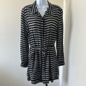 A.L.C. Silk Black and White Striped Long-Sleeve Drawstring Shirt Dress